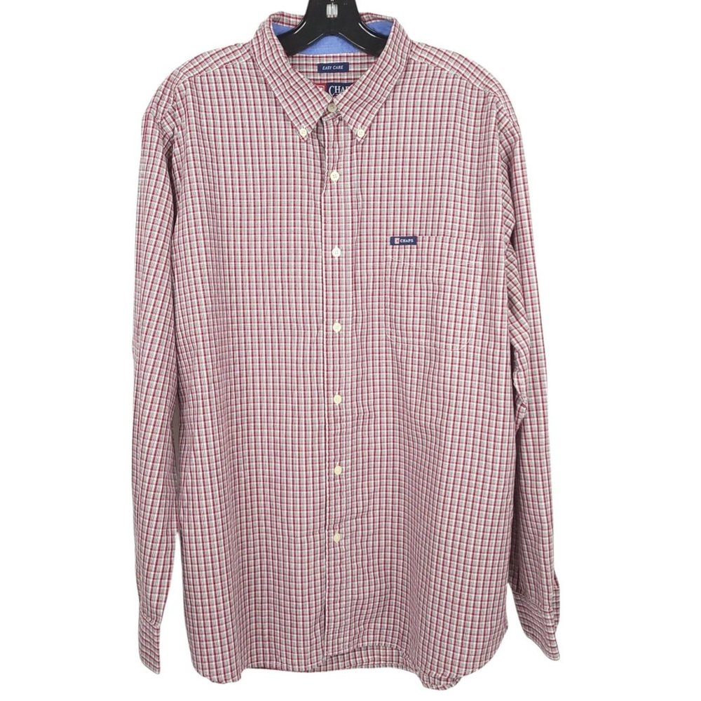 Chaps Long Sleeve Button Up Shirt Mens Size XL Red Plaid Check Easy Care